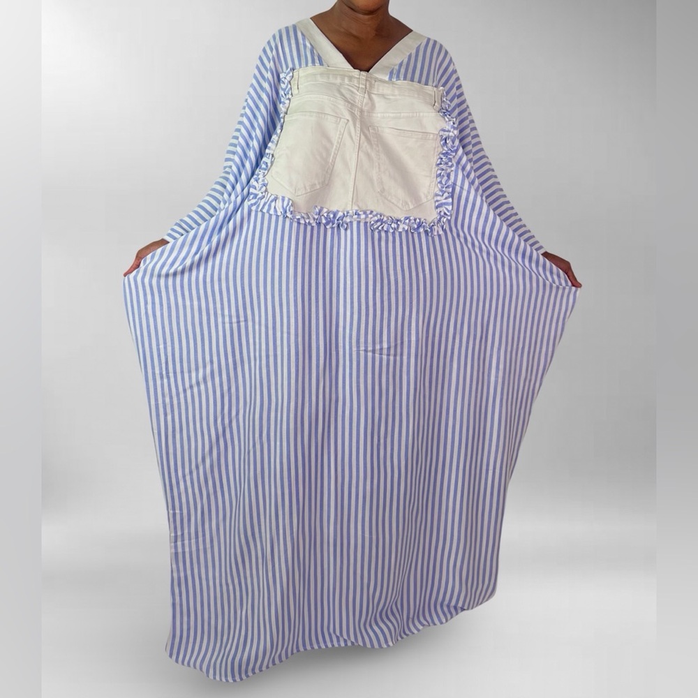 Blue and White Striped Maxi Oversized Denim Detail Kaftan Maxi Dress